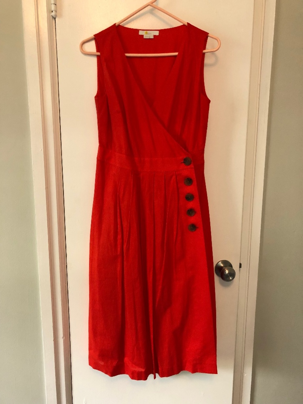 EUC Arwen Boden Red Wrap Button Pleat Sleeveless Preppy Midi Dress